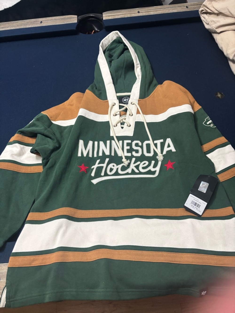 Minnesota Hockey Lace-Up Pullover Hoodie in Green and Gold by '47